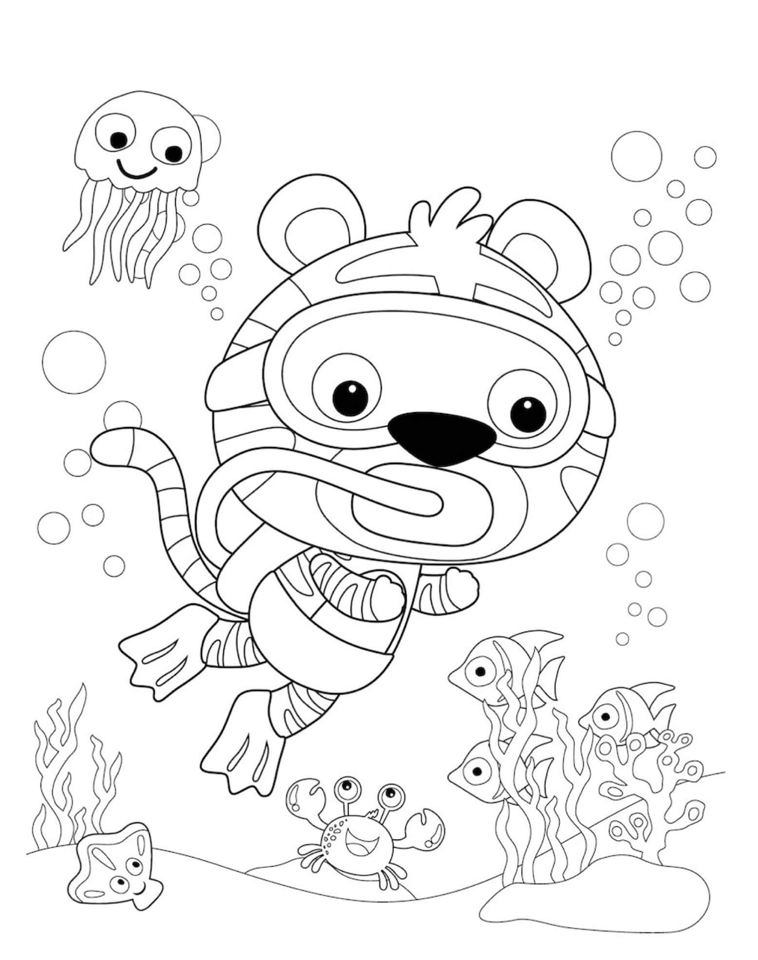 Dibujos de Tigre Bajo el Agua Buceo para colorear