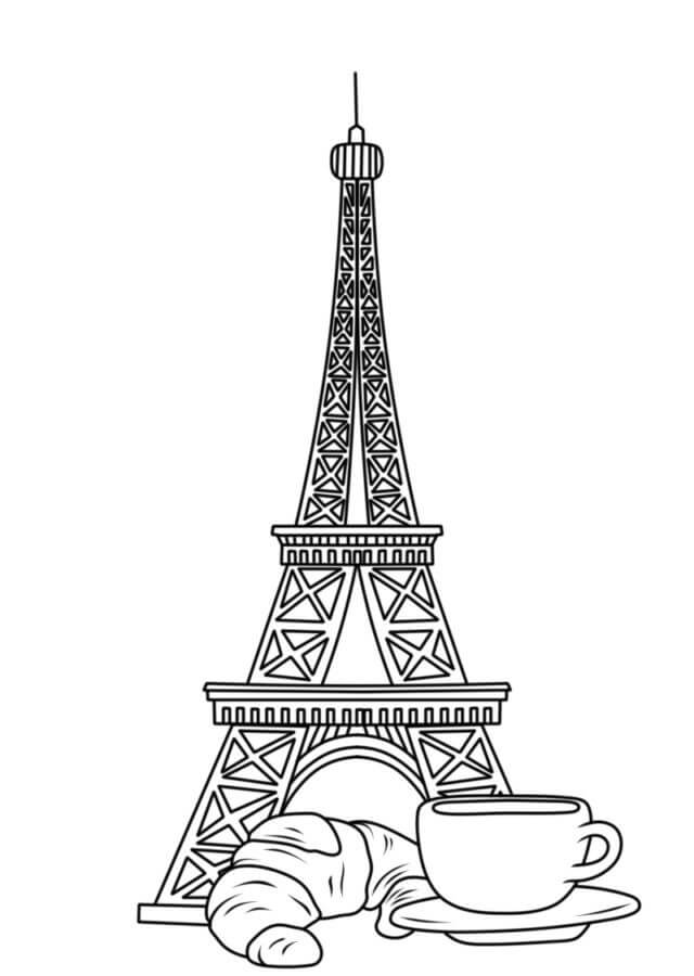 Torre Eiffel, Croissant y Café para colorir