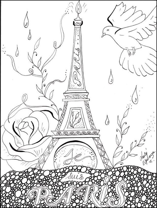 Dibujos de Torre Eiffel con Pájaro y Rosa para colorear