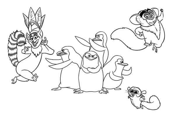 Dibujos de Tres Lémures y Tres Pingüinos para colorear