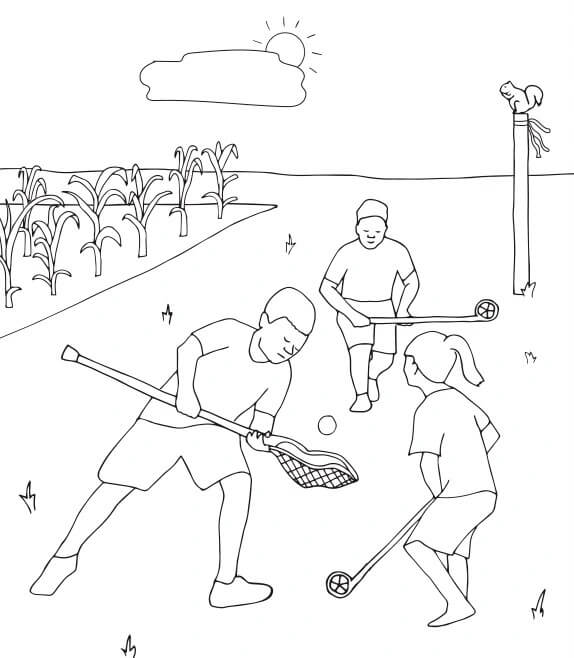 Dibujos de Tres Niños Jugando Lacrosse para colorear