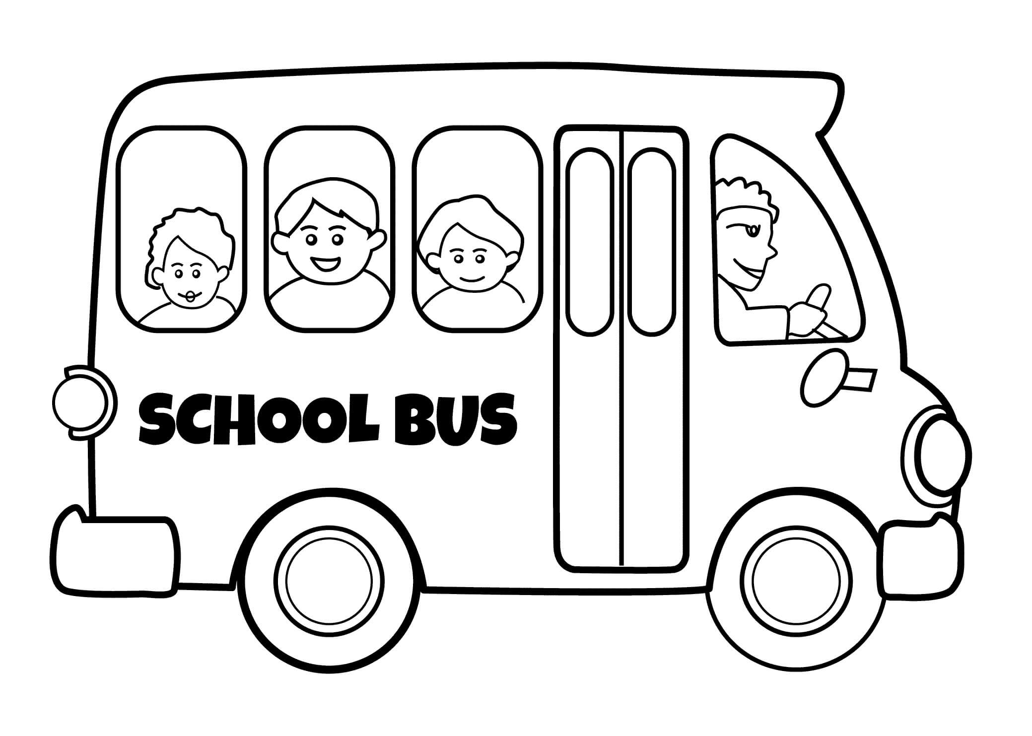 Dibujos de Tres Niños en Autobús Escolar para colorear