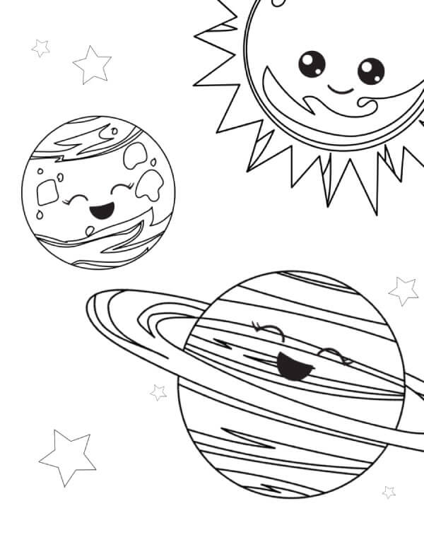 Dibujos de Tres Planetas Divertidos en el Espacio para colorear