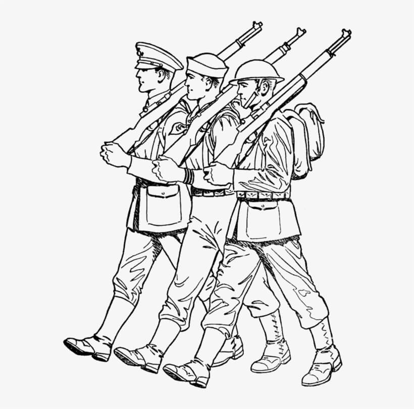 Tres Soldados Marchando el día de los Veteranos para colorir