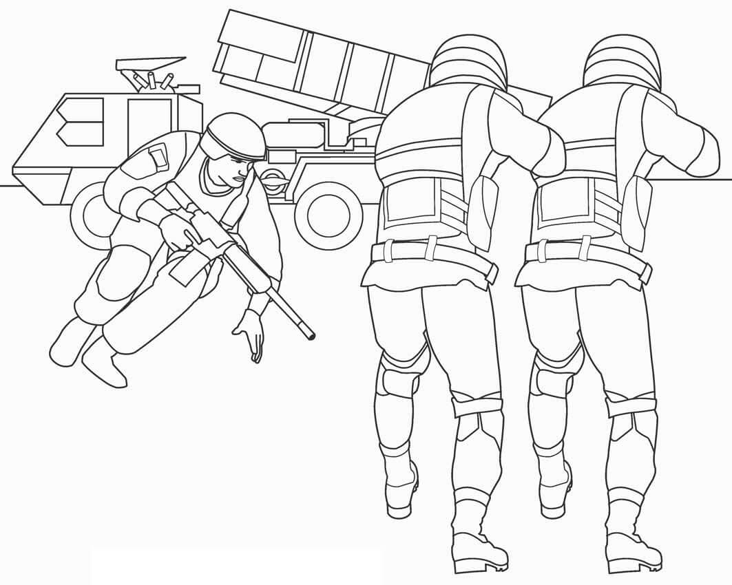 Dibujos de Tres Soldados con Coche para colorear