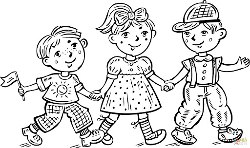 Tres niños Caminando para colorir