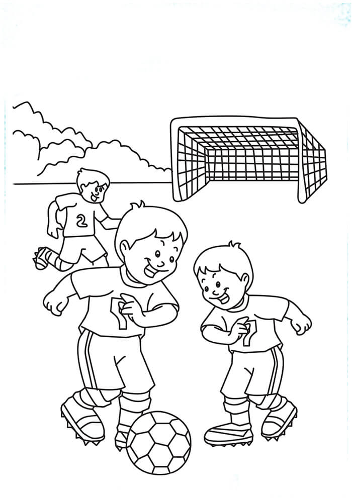 Tres niños Jugando al Fútbol para colorir