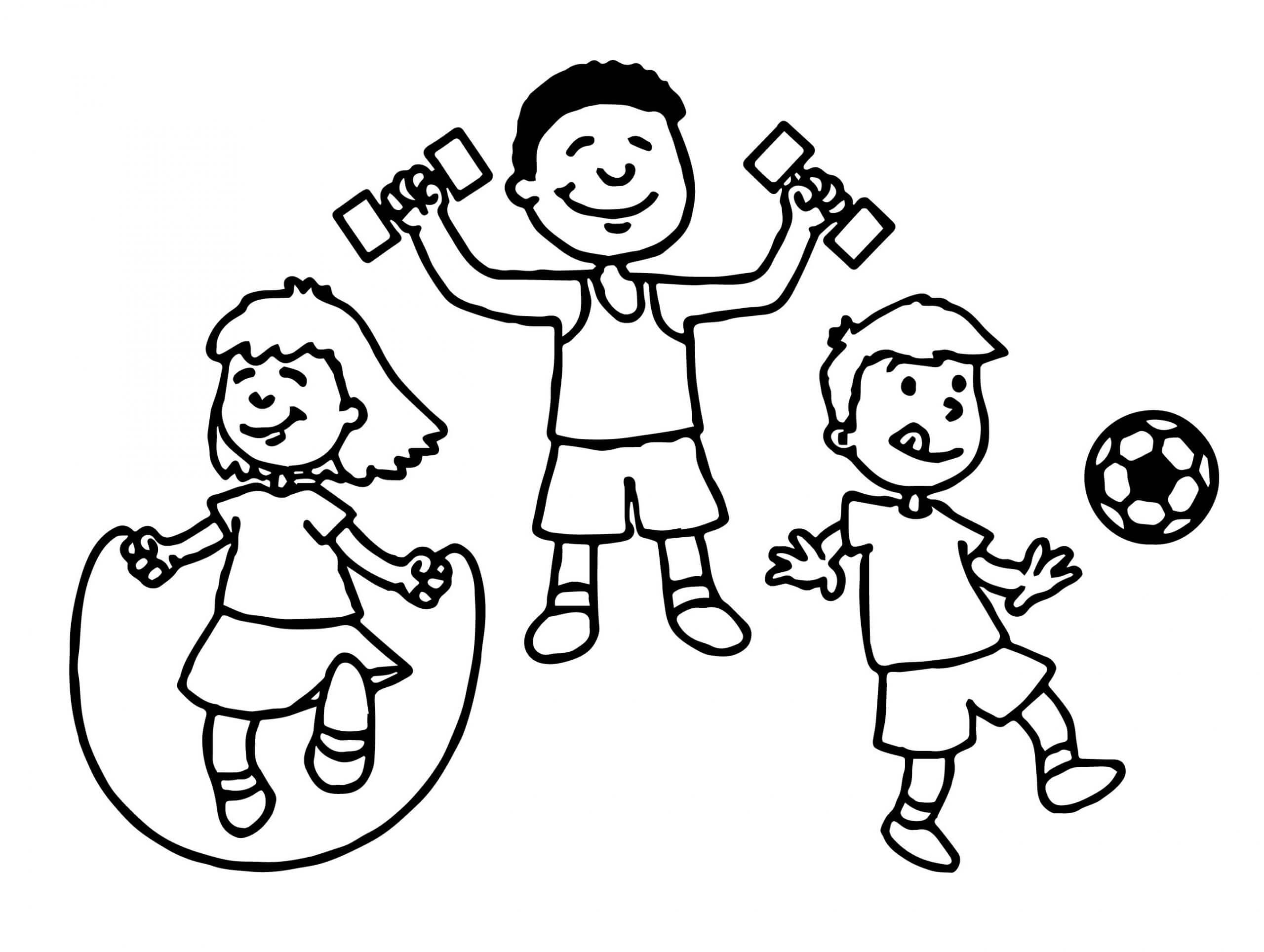 Tres niños jugando Deportes para colorir