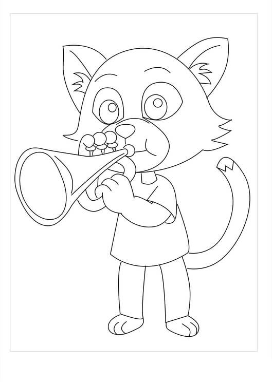 Trompeta que Sopla Gato de Dibujos Animados para colorir
