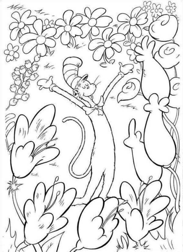 Dibujos de Un Gato Con Gorra Disfruta En Un Campo De Flores para colorear