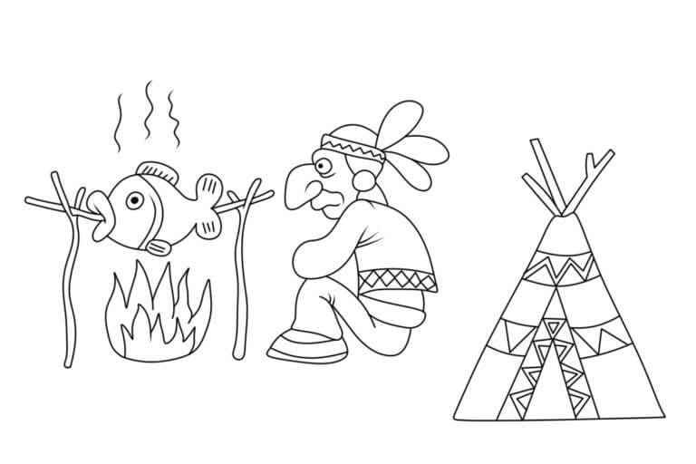 Dibujos de Un Indio Cerca De Su Vivienda Está Friendo Pescado para colorear