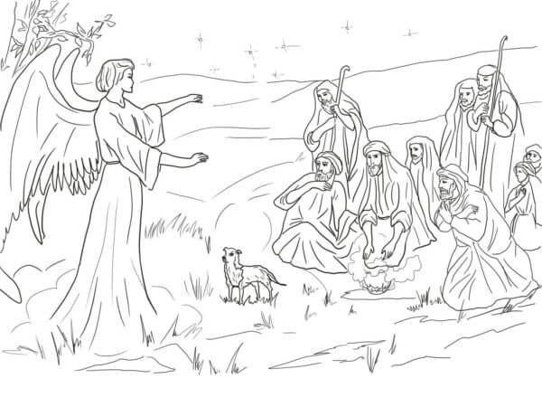 Dibujos de Un ángel se Apareció a los Pastores con Palabras de Alegría por El Nacimiento De Cristo para colorear