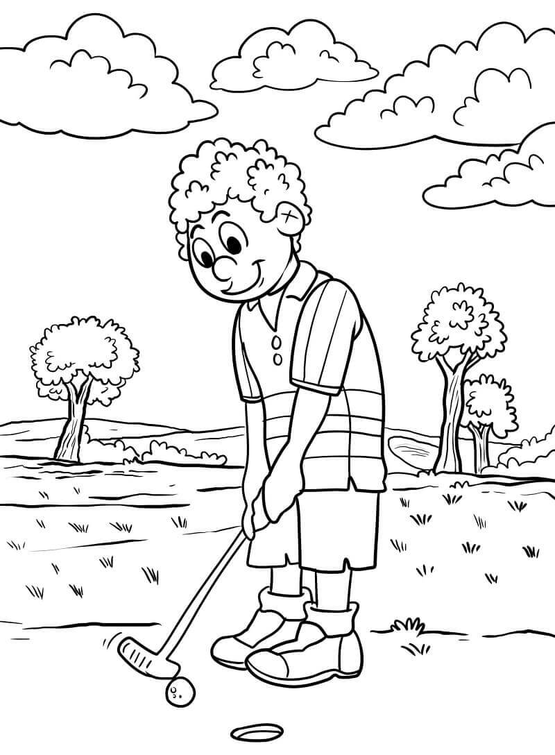 Un chico Jugando al Golf para colorir