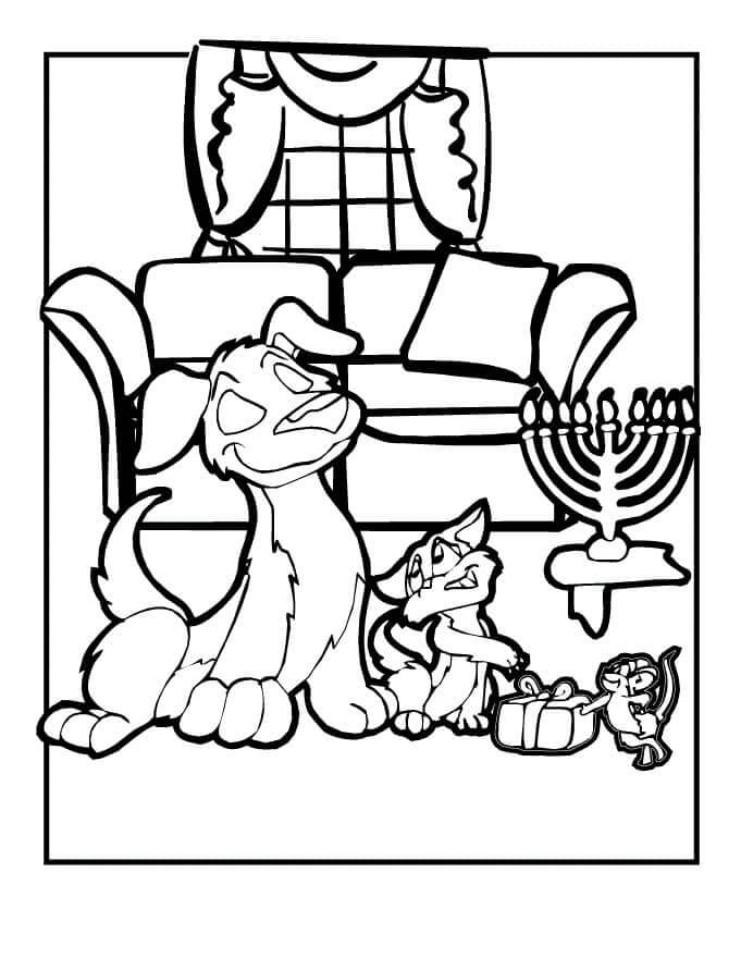 Dibujos de Un perro, un Gato y un Ratón Abren un Regalo De Hanukkah para colorear