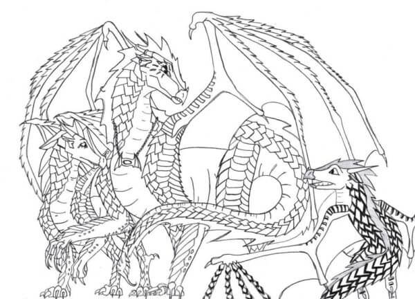 Una Amigable Familia De Dragones para colorir