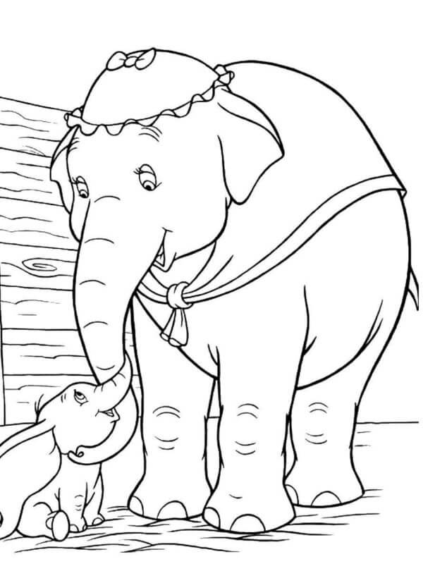 Una Madre Amorosa Siempre Está al Lado de Su Elefante Con Orejas para colorir