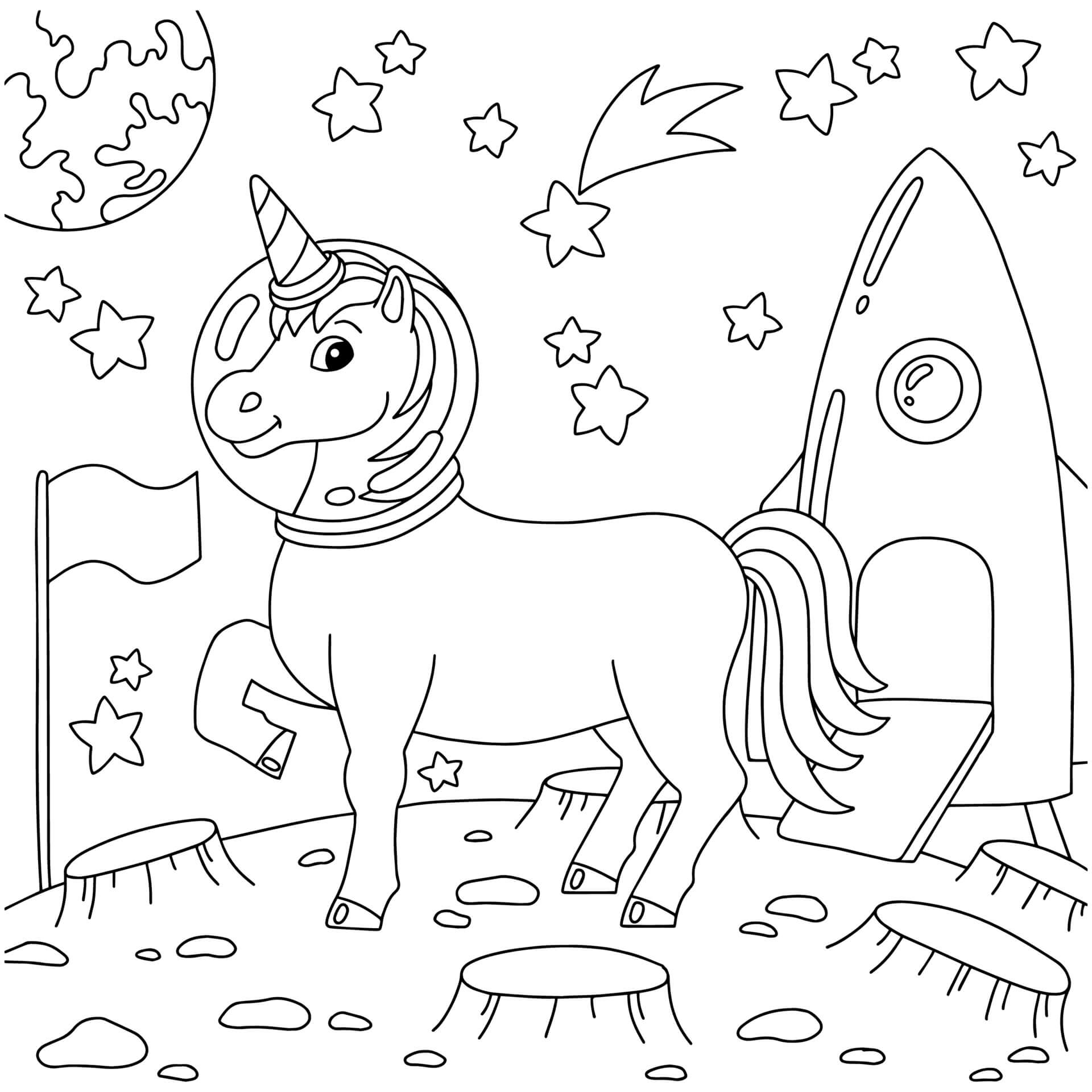 Dibujos de Unicornio Astronauta Aterrizó en otro Planeta para colorear