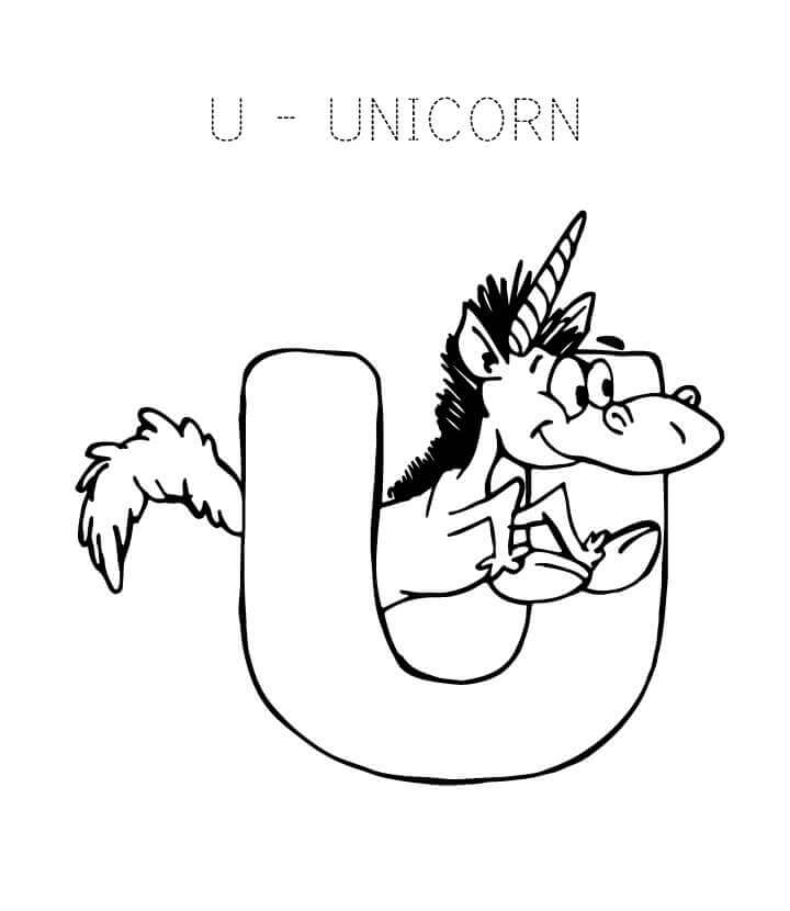 Unicornio Linda Letra U para colorir