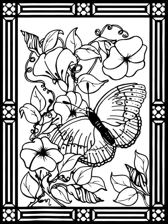 Dibujos de Vidrieras de Mariposas y Flores para colorear