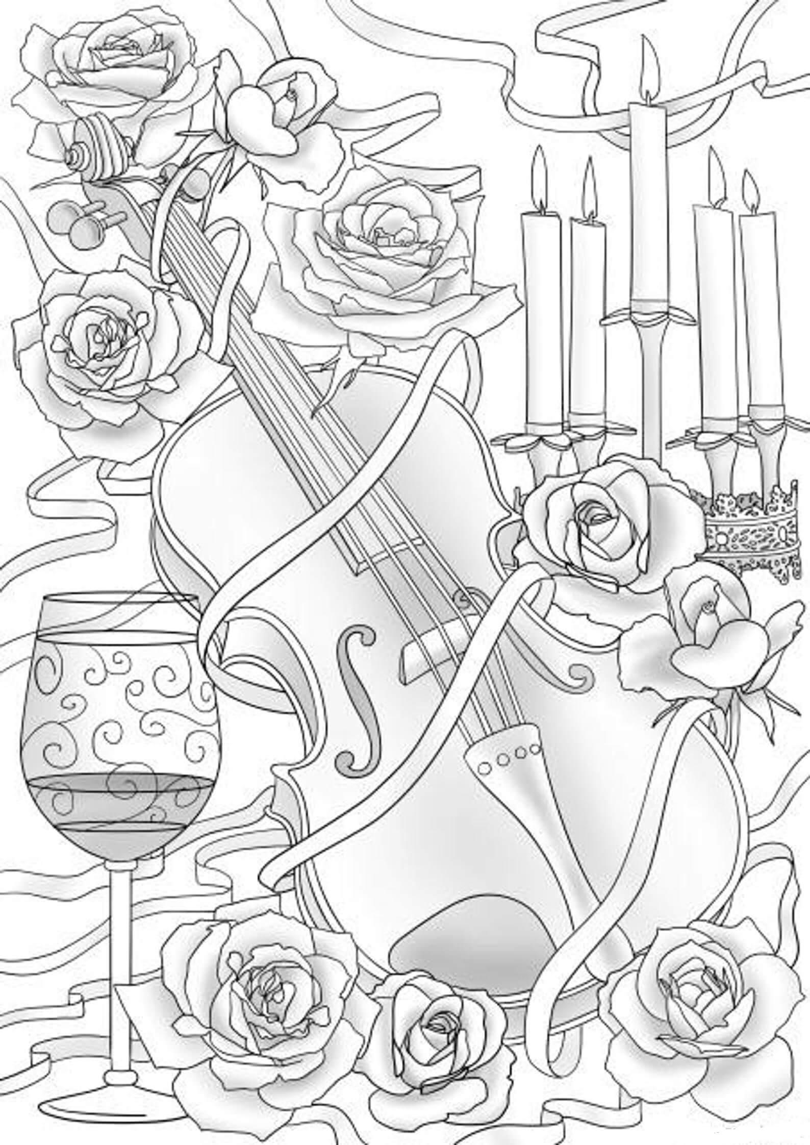 Dibujos de Violín con Rosa para colorear