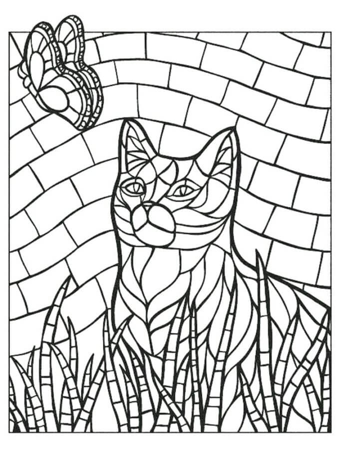 Dibujos de Vitral Que Representa un Gato y Una Mariposa para colorear