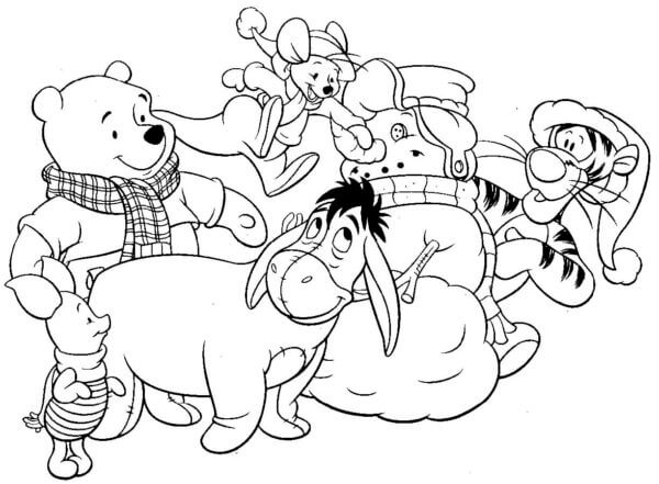 Winnie y Sus Amigos Hacen Un Muñeco De Nieve para colorir
