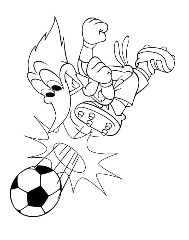 Dibujos de Woody Woodpecker Jugando al Fútbol para colorear