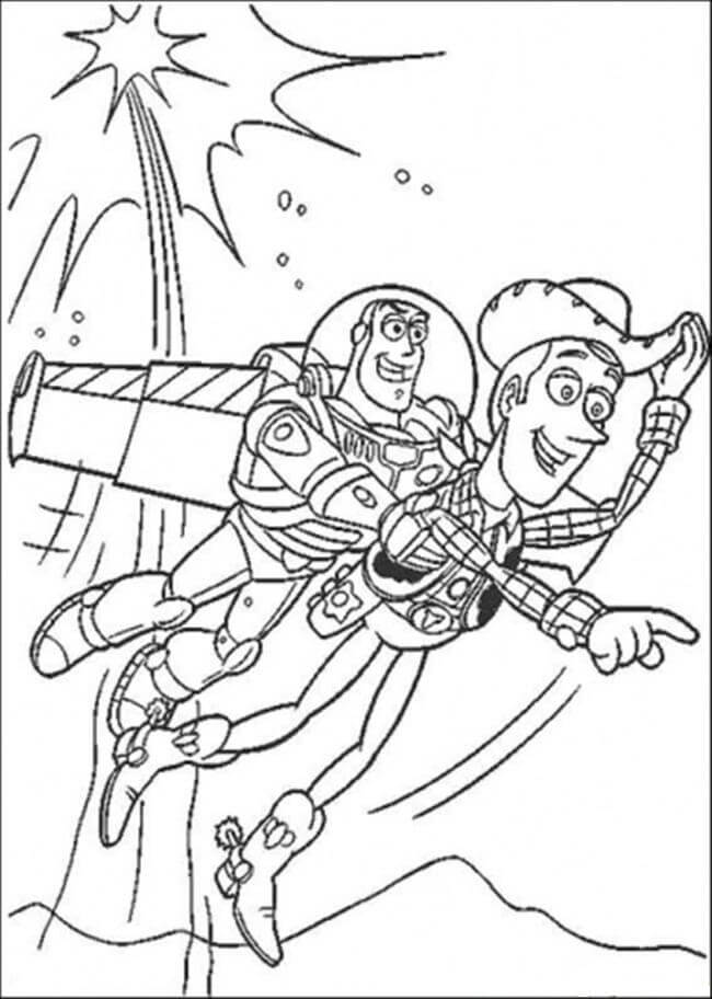 Woody y Buzz Volando para colorir