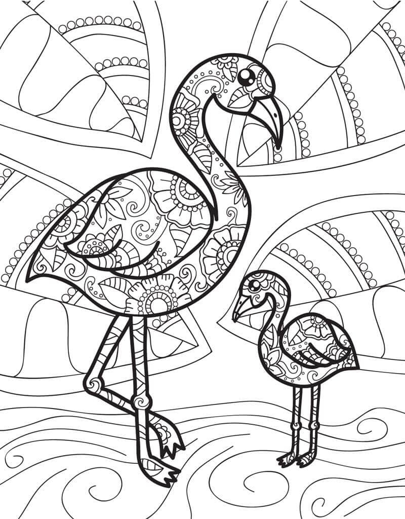 Dibujos de Dos Mamá e Hijo Flamingo Difícil para colorear