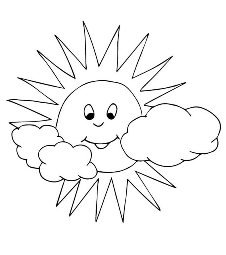 Hymyilevä aurinko kahdella pilvellä Värityskuva