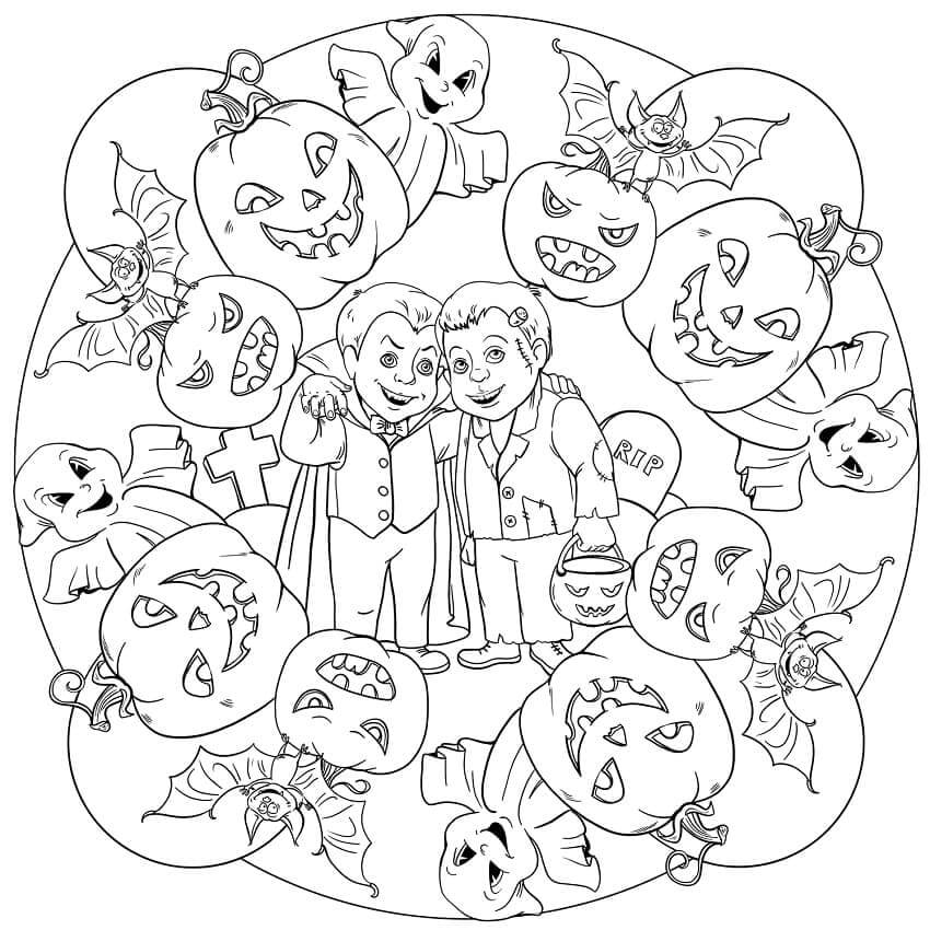 Kaksi Draculaa kurpitsojen ja haamujen kanssa Halloween Mandalassa Värityskuva