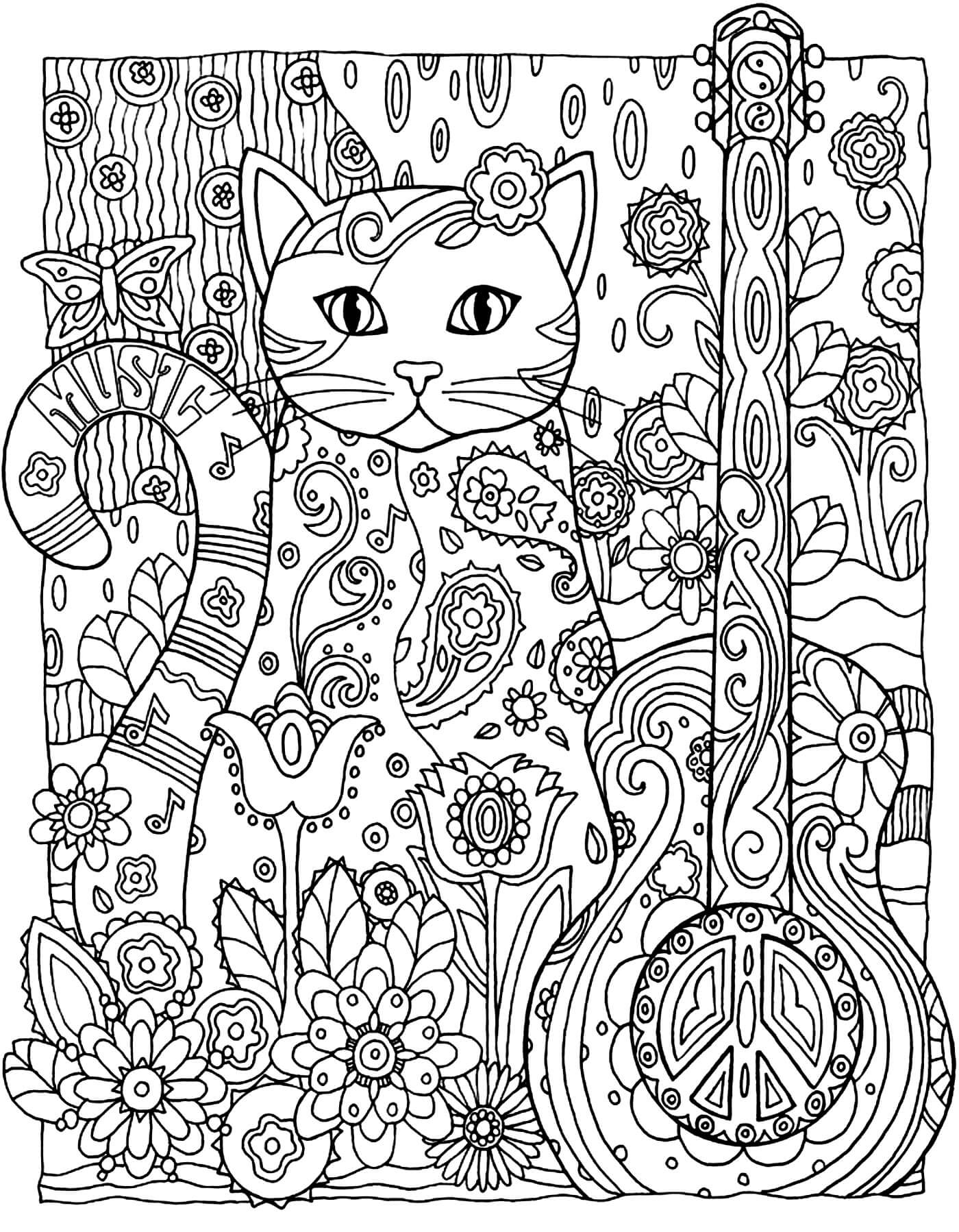 Kissa ja kitara Mandala Värityskuva