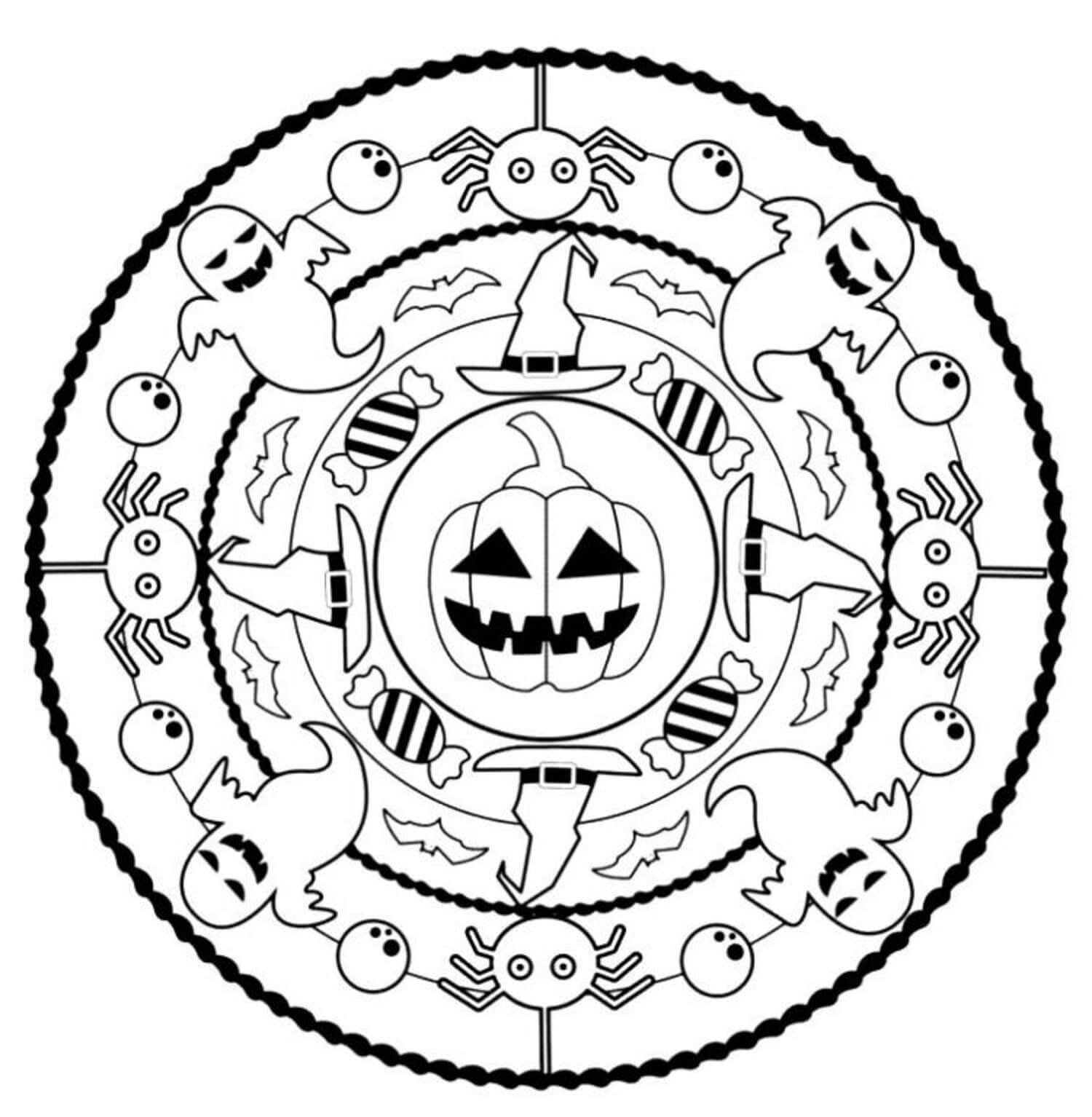Rauhallista Halloween-mandalaa Värityskuva