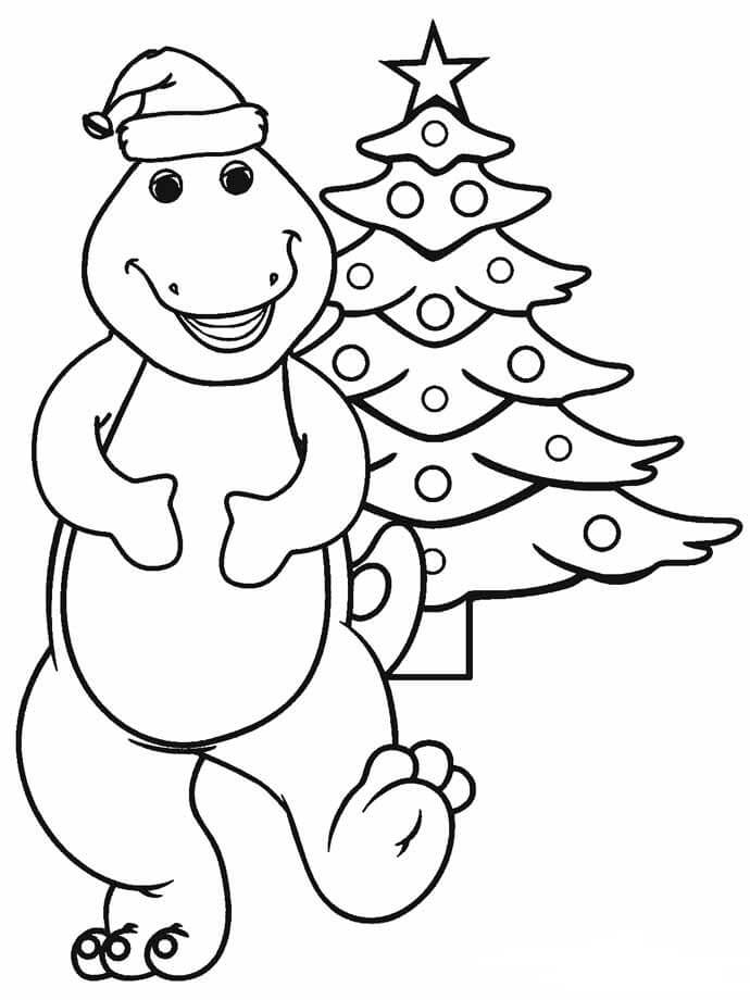 Sarjakuva dinosaurus ja joulukuusi Värityskuva