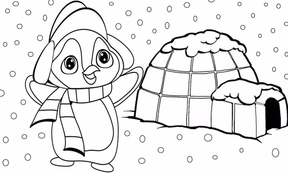 Sarjakuva Pingviini ja Iglu Värityskuva