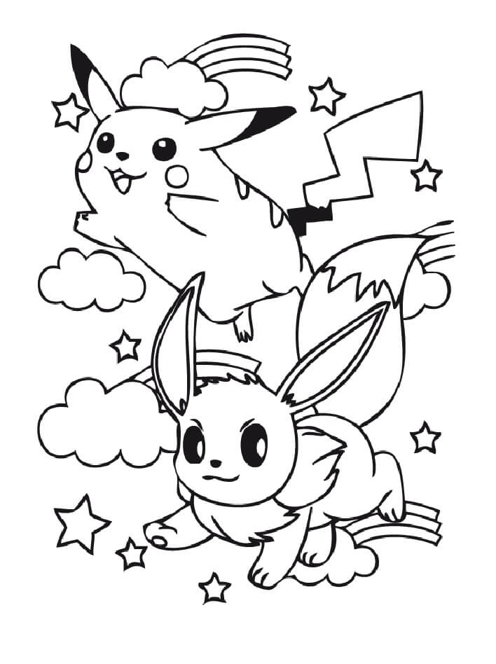 Suloisia Eevee ja Pikachu Värityskuva