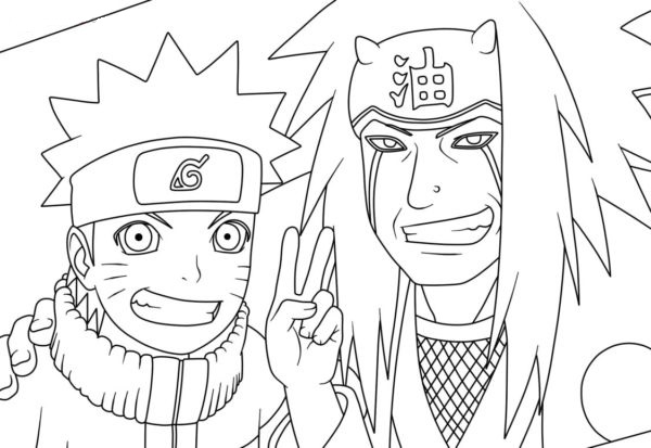 Kaunis värityssivu nuoresta Narutosta ja hänen mentoristaan Jiraiyasta Värityskuva