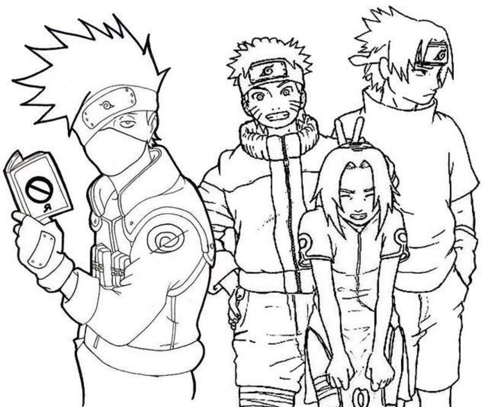 Kakashi pitelee kirjaa joukkueen 7 kanssa Värityskuva