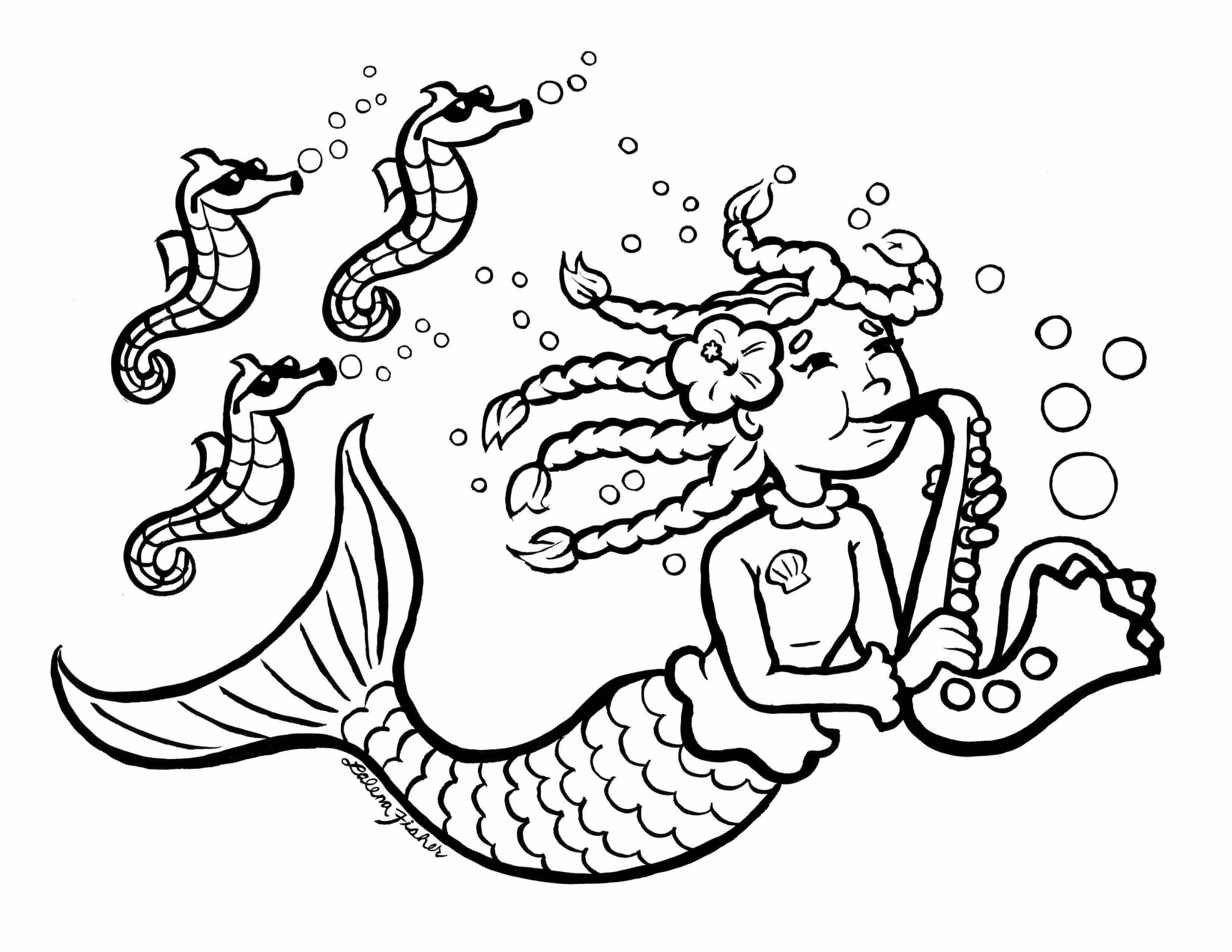 Mermaid soittaa saksofonia merihevosten kanssa Värityskuva