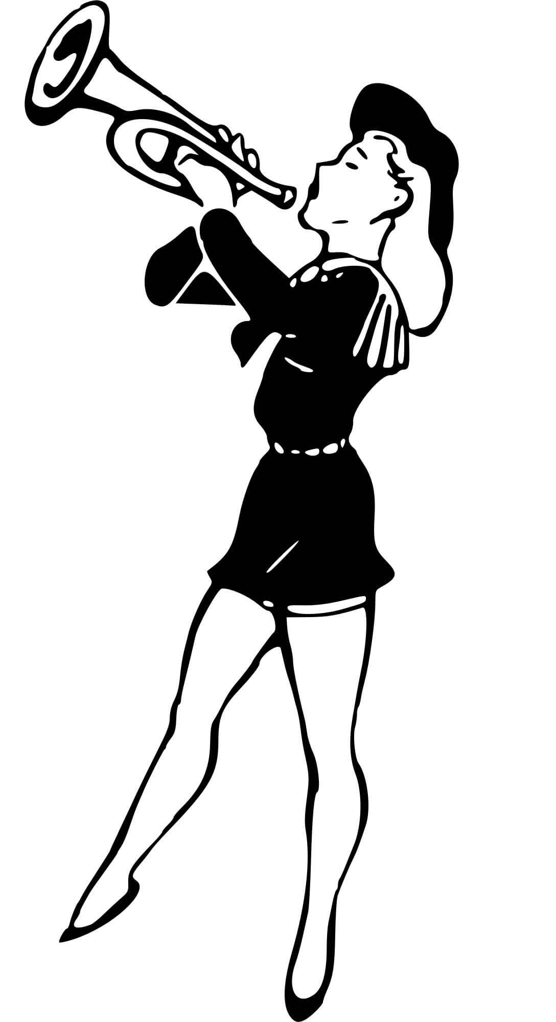 Vintage Lady soittaa trumpettia Värityskuva