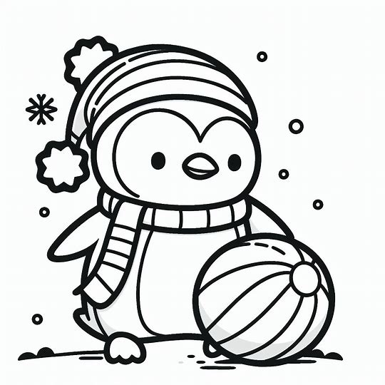 Pingviini pallon kanssa Värityskuva