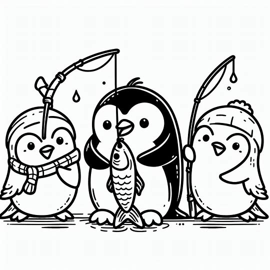 Pingviinit pyytävät kaloja Värityskuva