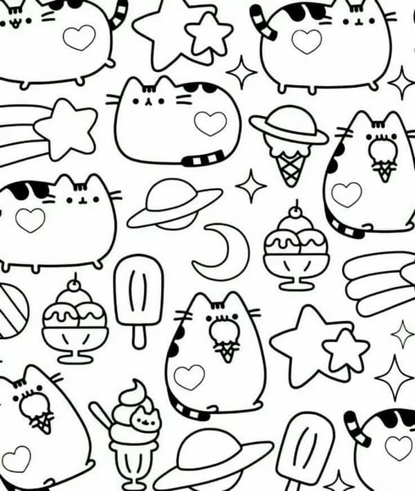 Pusheen ja söpöjä asioita Värityskuva