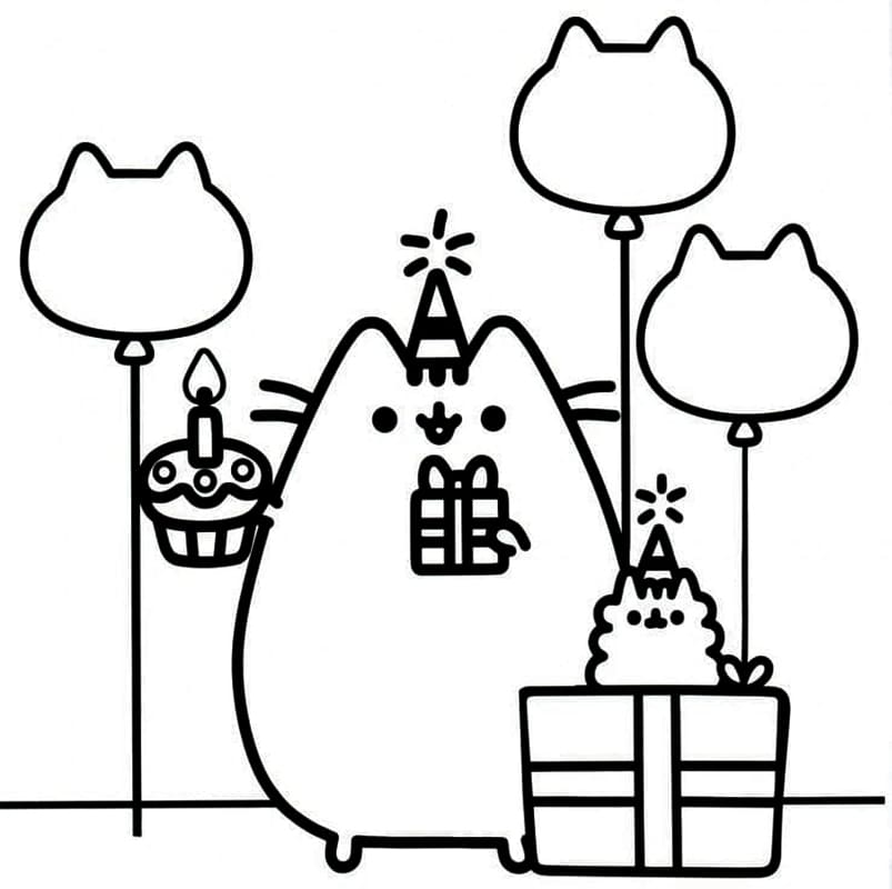 Pusheen syntymäpäivänä Värityskuva