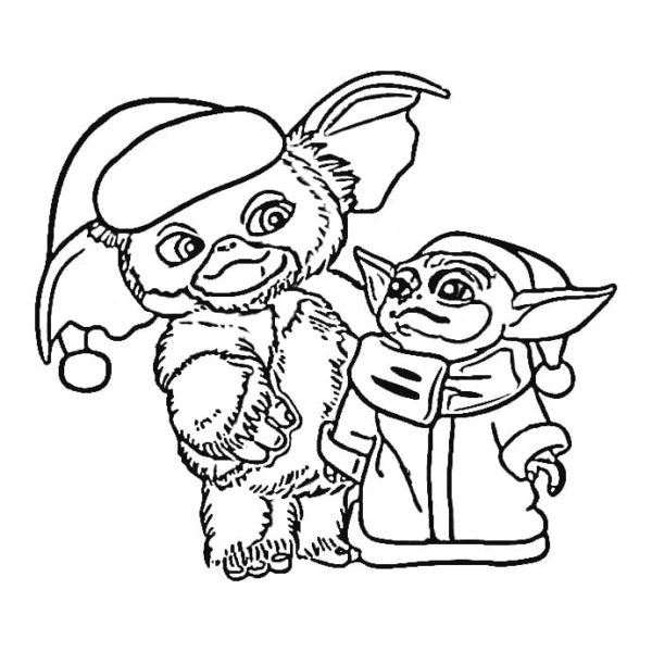 Gremlin ja Baby Yoda uudenvuoden asuissa. Värityskuva