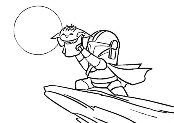 Mandalorian ja Baby Yoda. Värityskuva