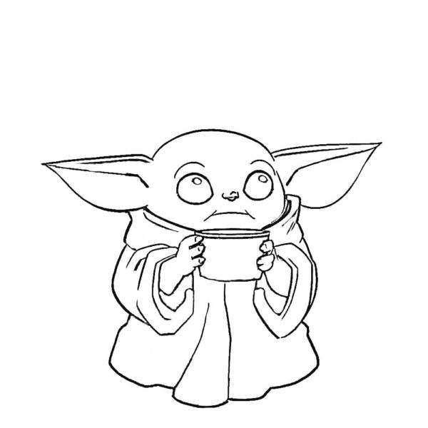 Vauva Yoda kupin kanssa. Värityskuva