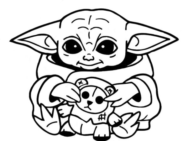 Vihreä Yoda lelun kanssa. Värityskuva