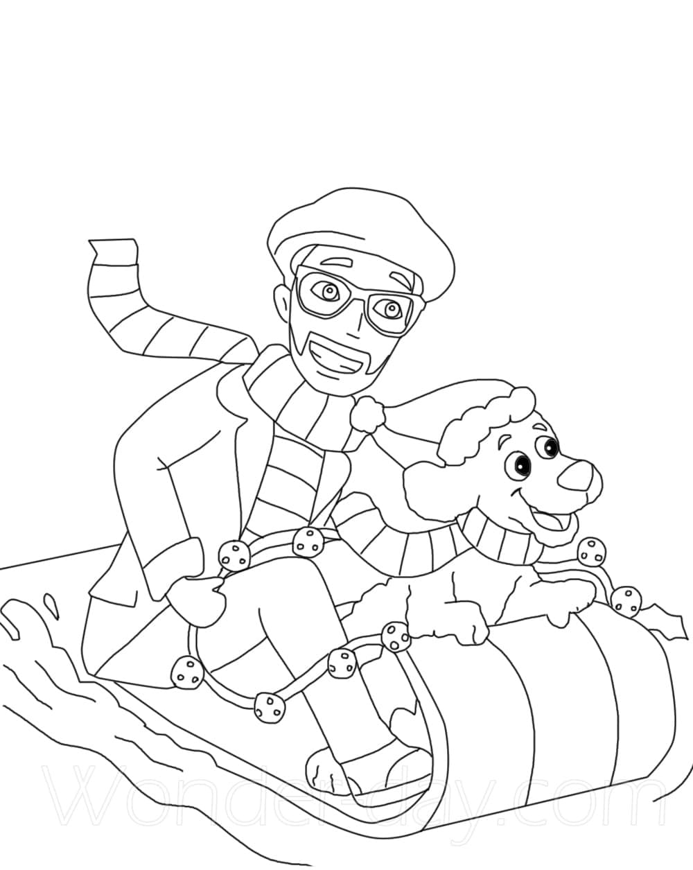 Blippi ja koira kelkassa Värityskuva