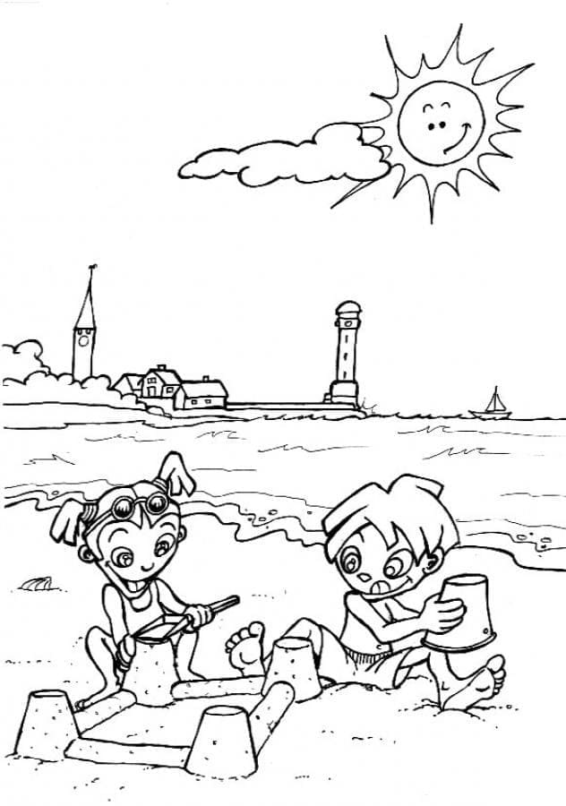 Lapset rannalla Värityskuva